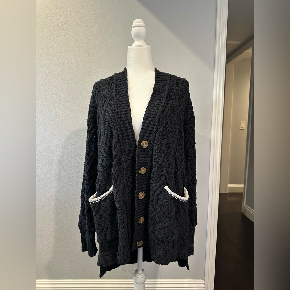 Free People Black Cable Knit Button-Up Cardigan with White Trim
